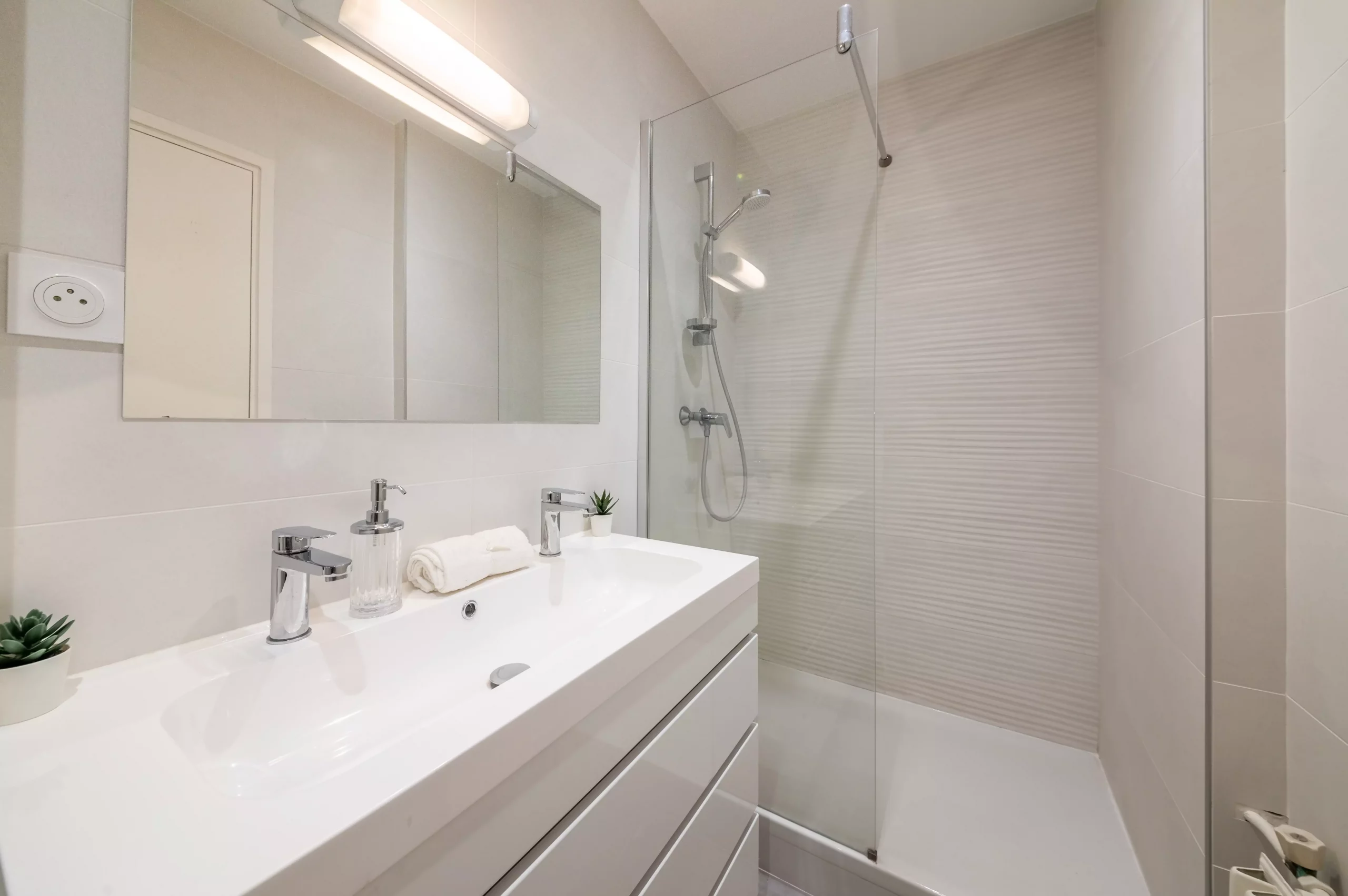 Salle de bain avec une douche tropicale en colocation à Lyon